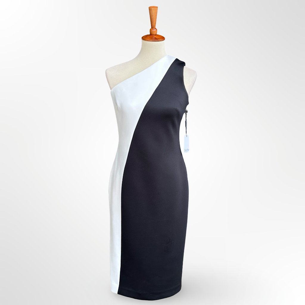 Nwt $134 Calvin Klein One Shoulder Black And White Dress 6 S Small Scuba Stretch